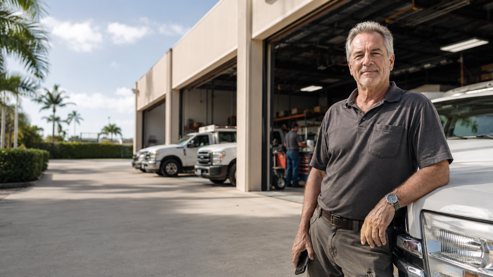 West Palm Beach contractor standing by his service trucks outside his shop